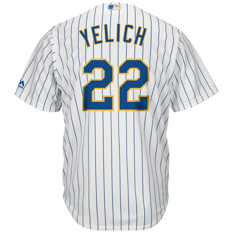 Image of Men's Milwaukee Brewers Christian Yelich Majestic White/Royal Alternate Official Cool Base Player Jersey