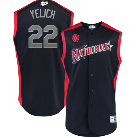 Image of Men's National League Christian Yelich Majestic Navy 2019 MLB All-Star Game Workout Player Jersey