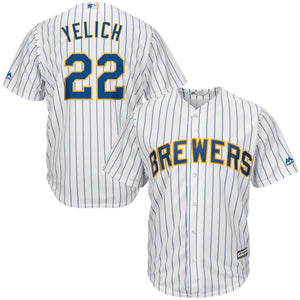 Men's Milwaukee Brewers Christian Yelich Majestic White/Royal Alternate Official Cool Base Player Jersey