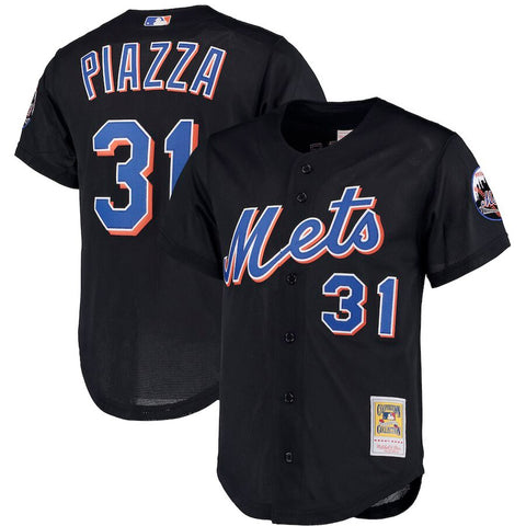 Image of Men's New York Mets Mike Piazza Mitchell & Ness Black Big & Tall Cooperstown Collection Mesh Button-Up Jersey