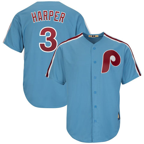 Image of Men's Philadelphia Phillies Bryce Harper Majestic Light Blue Cool Base Cooperstown Player Jersey