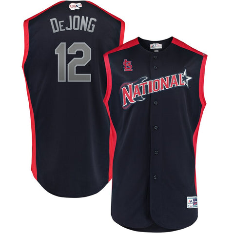 Image of Men's National League Paul DeJong Majestic Navy/Red 2019 MLB All-Star Game Workout Player Jersey