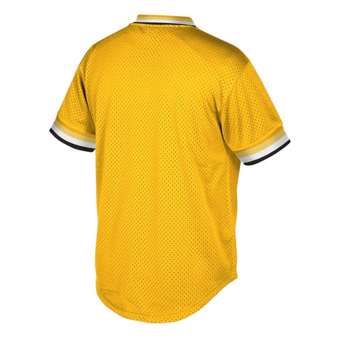 Image of Men's Pittsburgh Pirates Mitchell & Ness Cooperstown Collection Mesh Wordmark V-Neck Jersey