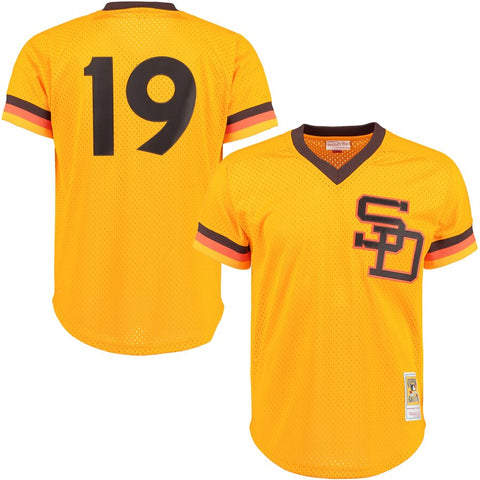 Image of Men's San Diego Padres Tony Gwynn Mitchell & Ness Gold 1982 Authentic Cooperstown Collection Mesh Batting Practice Jersey