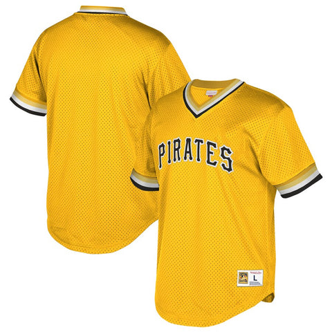 Image of Men's Pittsburgh Pirates Mitchell & Ness Cooperstown Collection Mesh Wordmark V-Neck Jersey