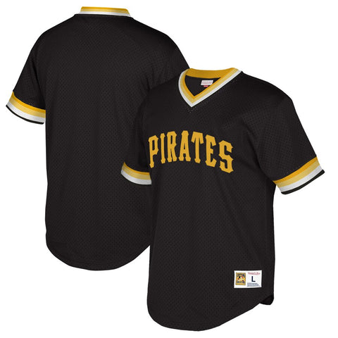 Image of Men's Pittsburgh Pirates Mitchell & Ness Cooperstown Collection Mesh Wordmark V-Neck Jersey