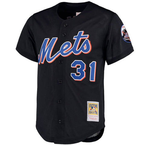 Image of Men's New York Mets Mike Piazza Mitchell & Ness Black Big & Tall Cooperstown Collection Mesh Button-Up Jersey